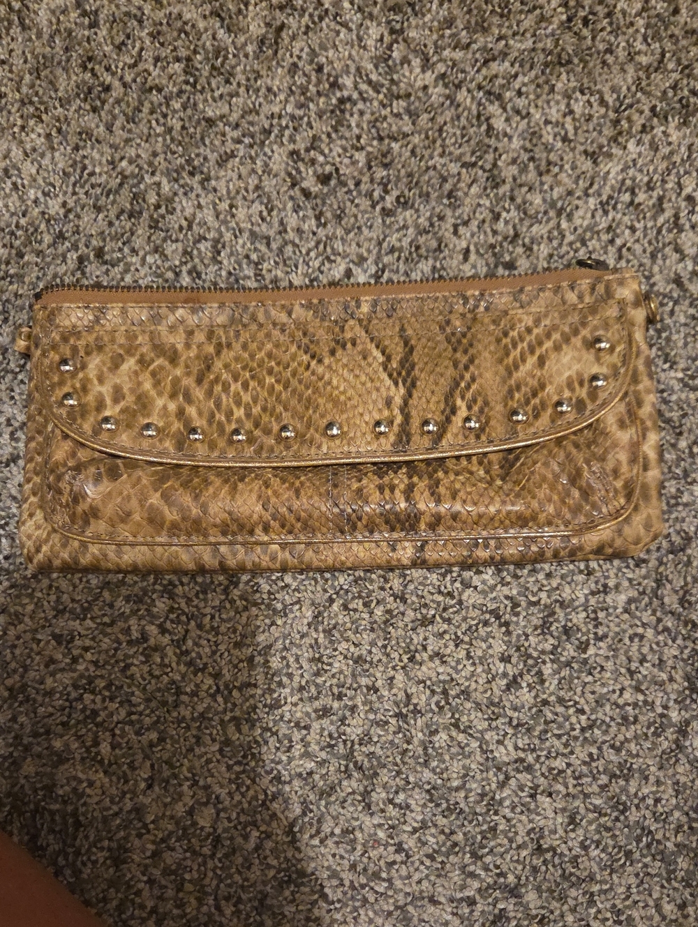 Snake-Texture Studded Clutch Wallet - Tan